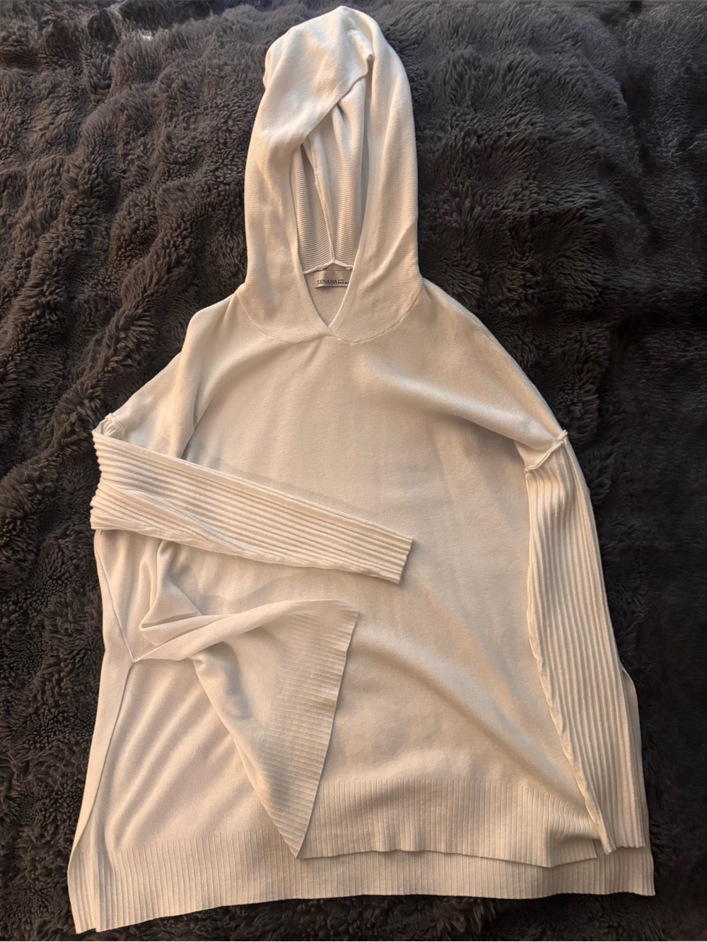 ZENANA L/XL Ivory Knit Oversized Hoodie Sweater Ribbed Detail